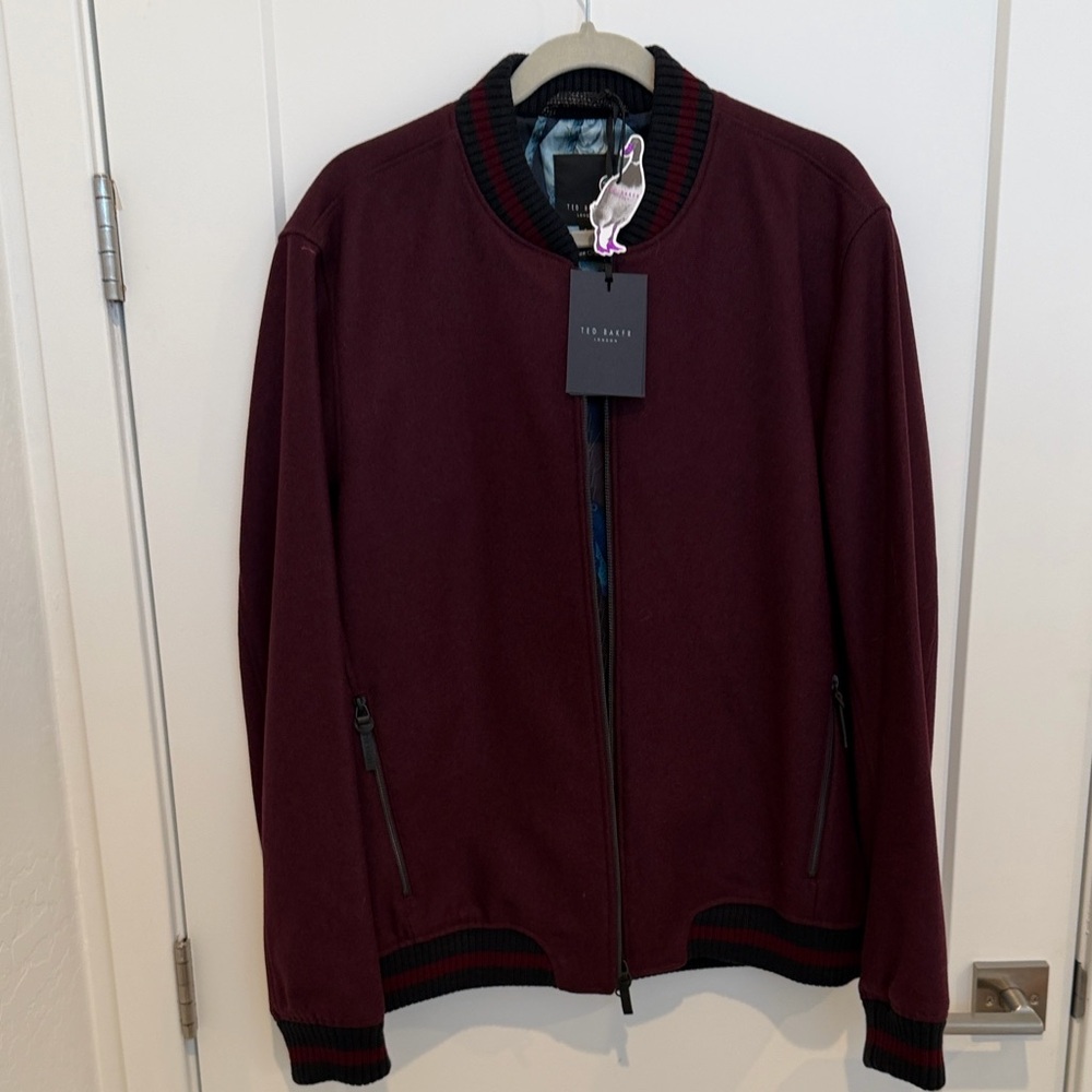 NWT Ted Baker Men’s Italian Wool Burgundy Navy Bomber Jacket Ted Size 6 US XXL